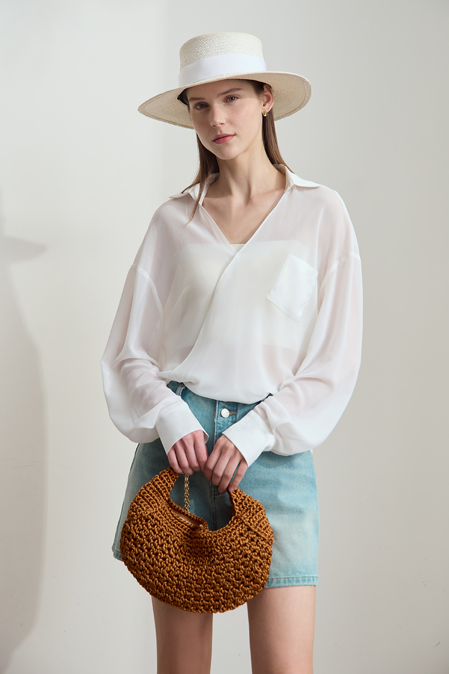 Sheer Drop-shoulder Chiffon Blouse