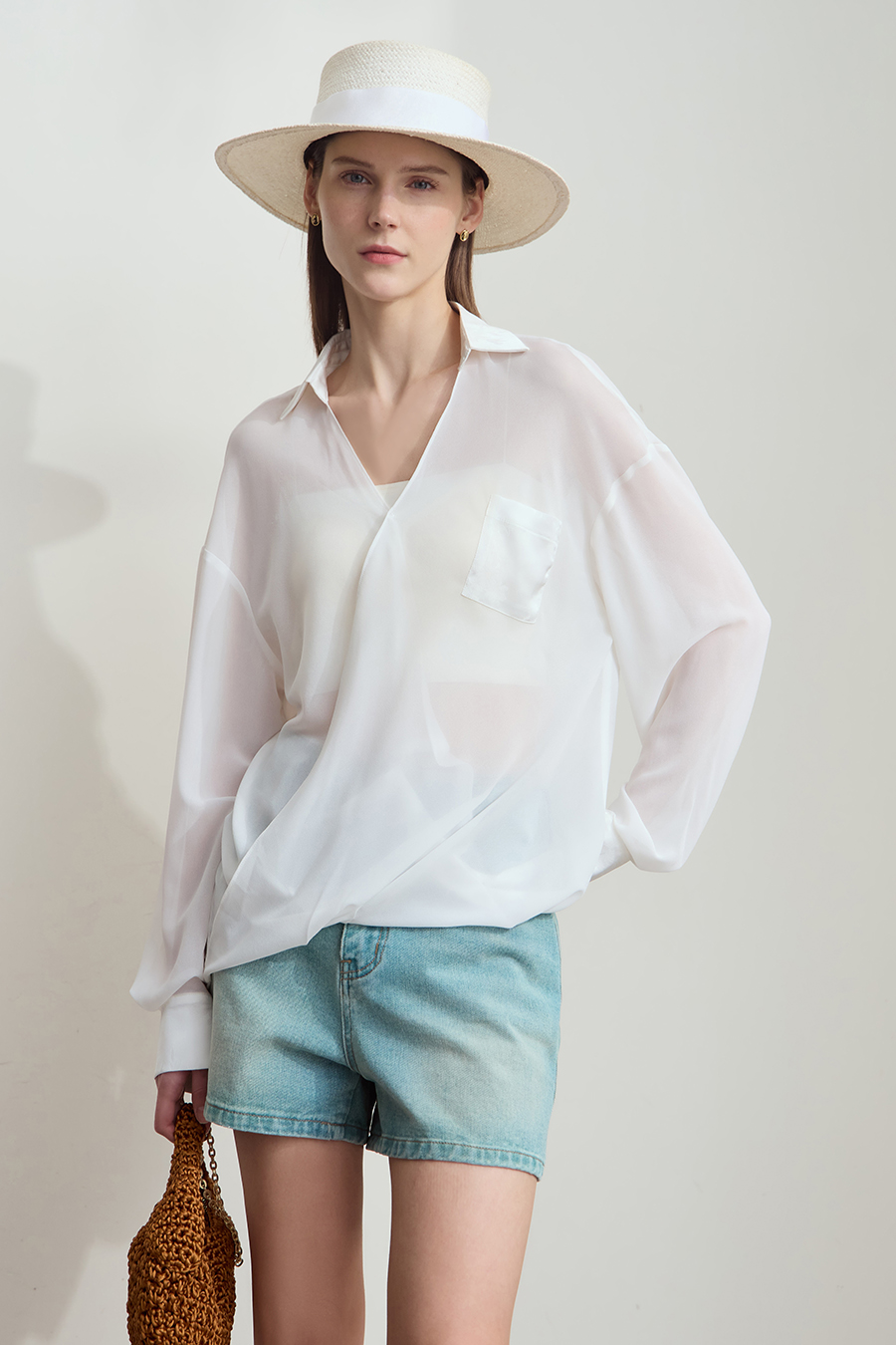 Sheer Drop-shoulder Chiffon Blouse