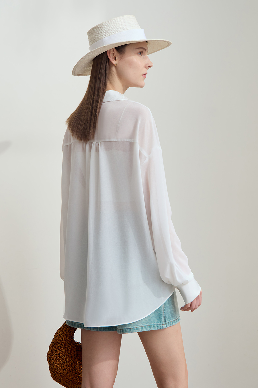Sheer Drop-shoulder Chiffon Blouse