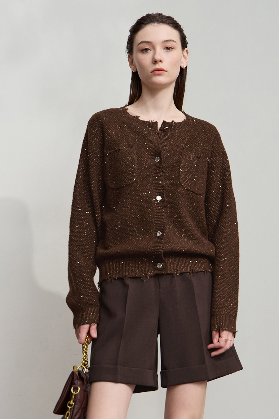 Tweed Sequin Knitted Cardigan|AMII-AMII.com