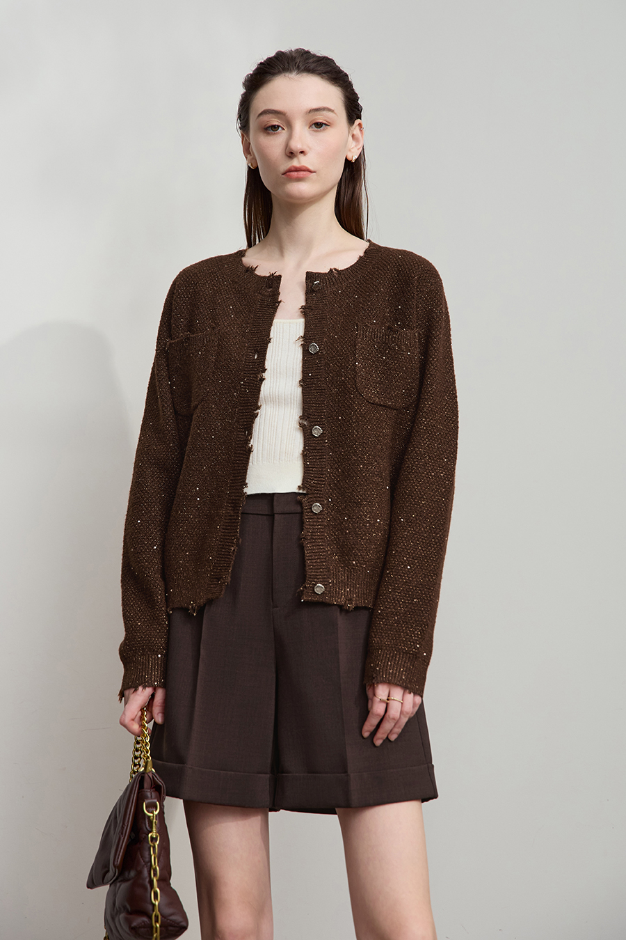 Tweed Sequin Knitted Cardigan|AMII-AMII.com