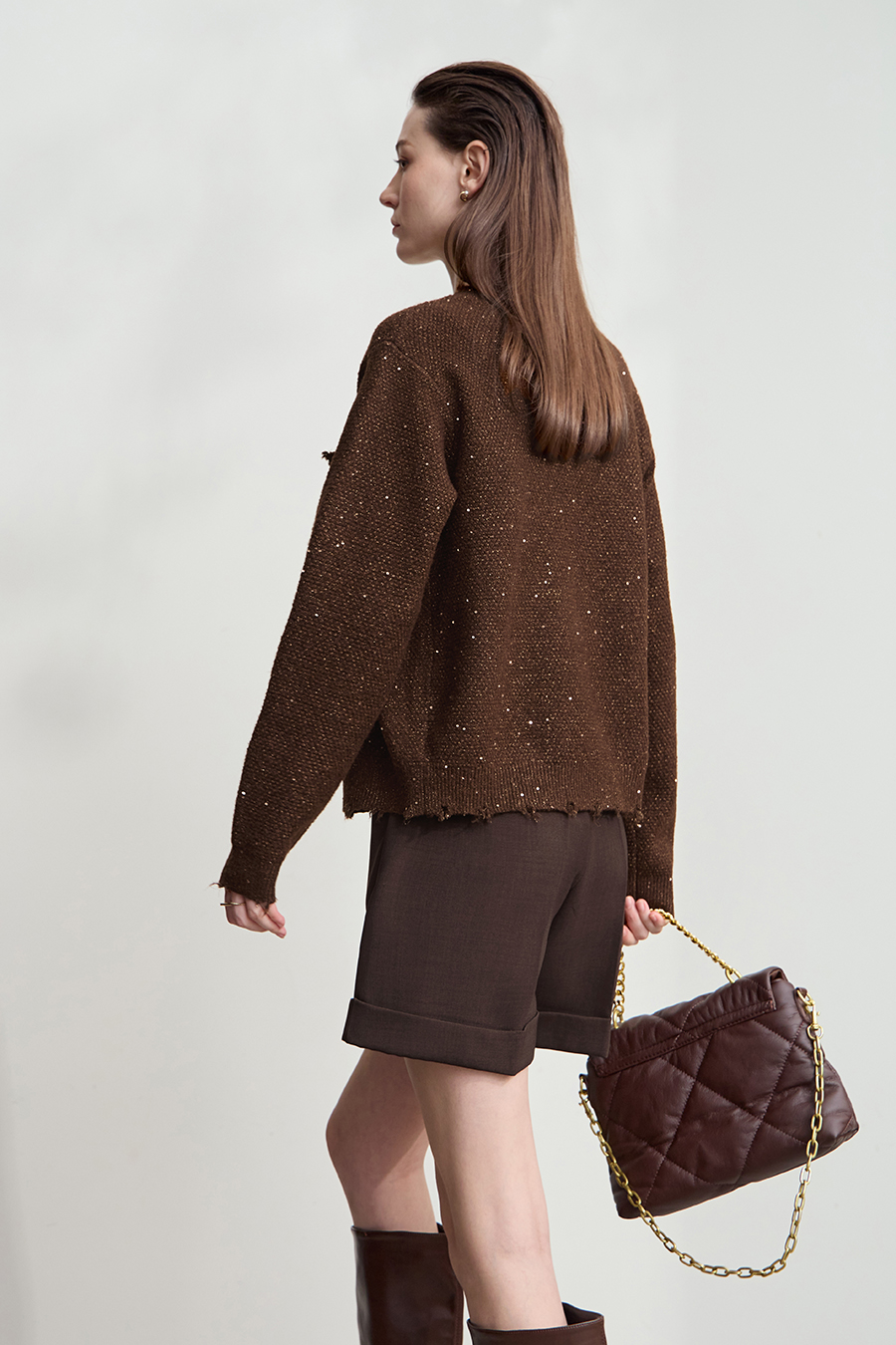 Tweed Sequin Knitted Cardigan|AMII-AMII.com