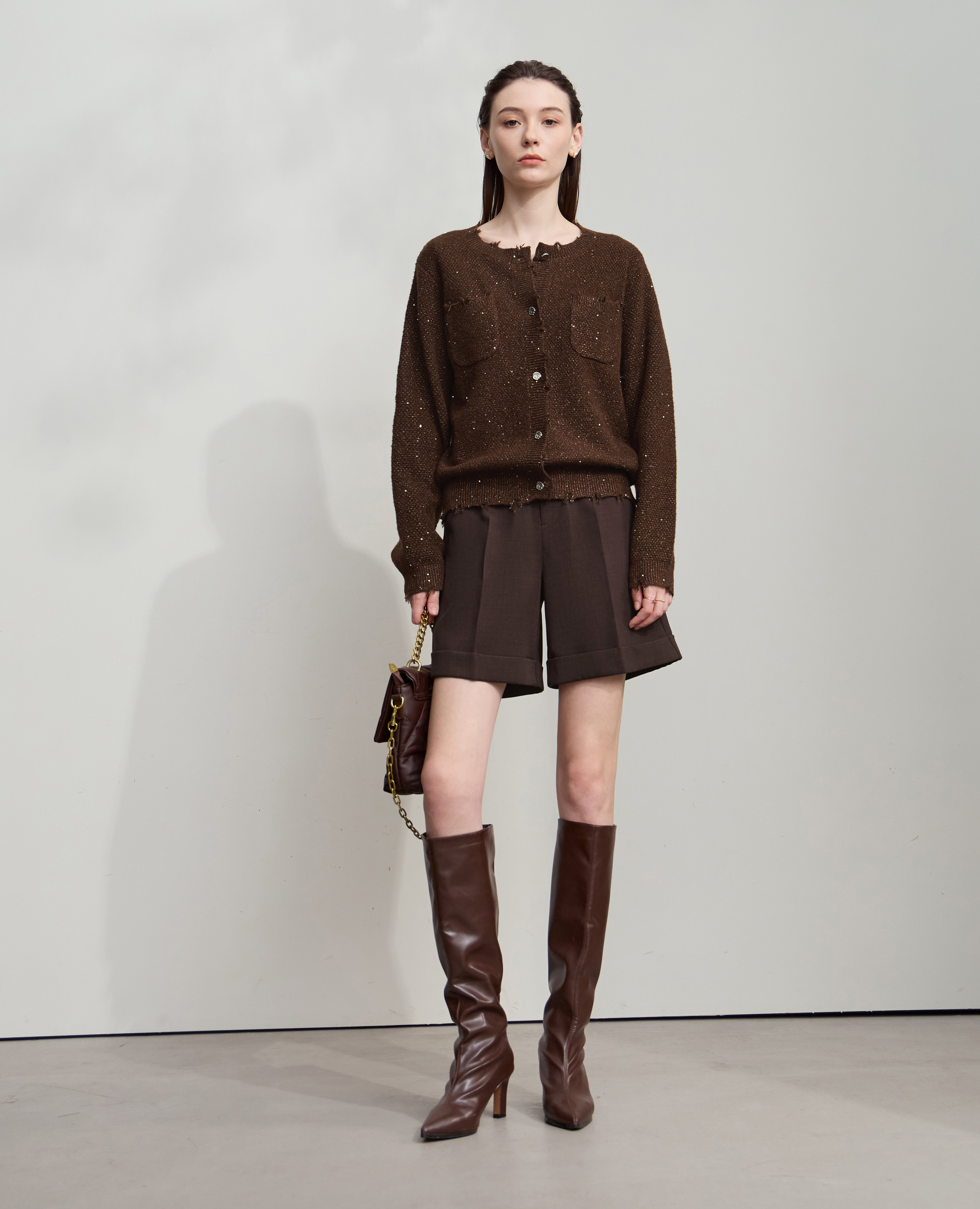 Tweed Sequin Knitted Cardigan|AMII-AMII.com