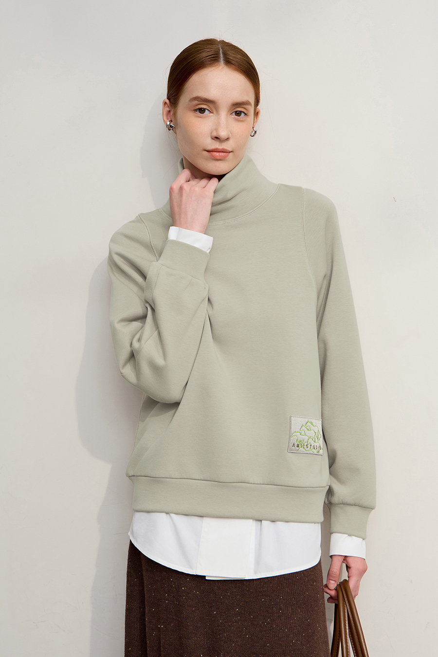 Turtleneck Fleece Embroidered Hoodie|AMII-AMII.com