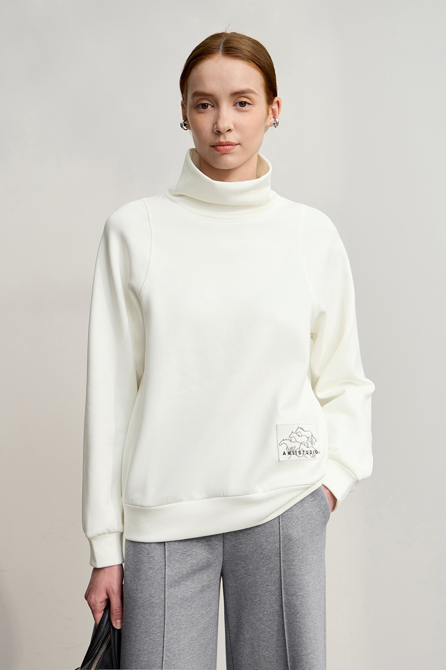 Turtleneck Fleece Embroidered Hoodie|AMII-AMII.com