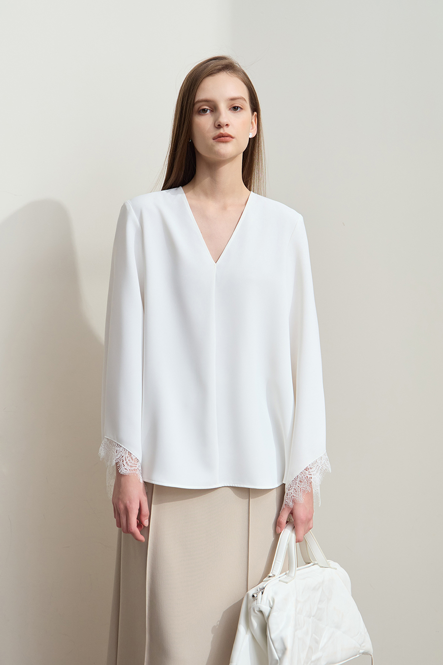 Solid V-neck Chiffon Blouse