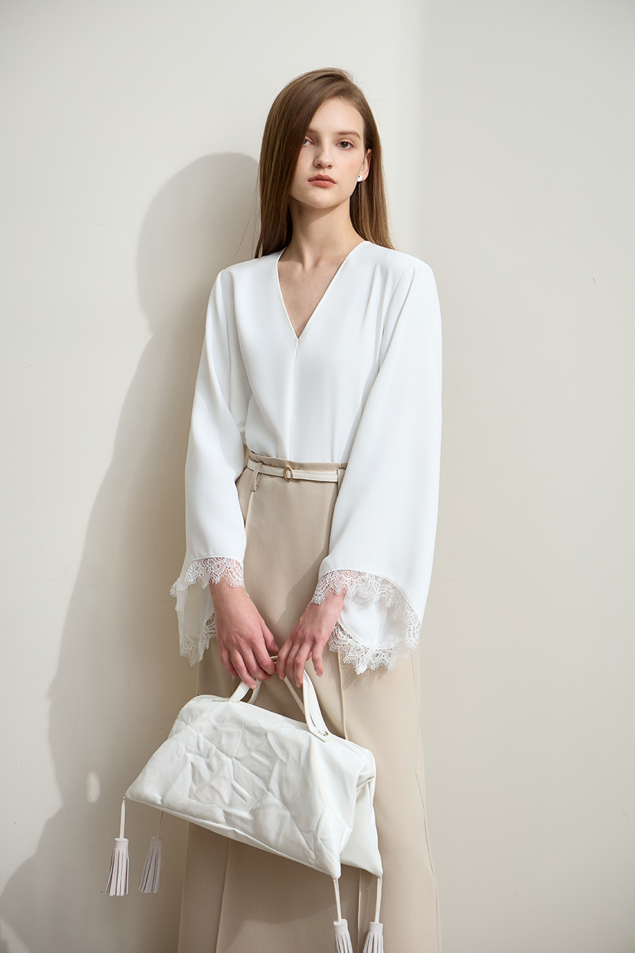 Solid V-neck Chiffon Blouse