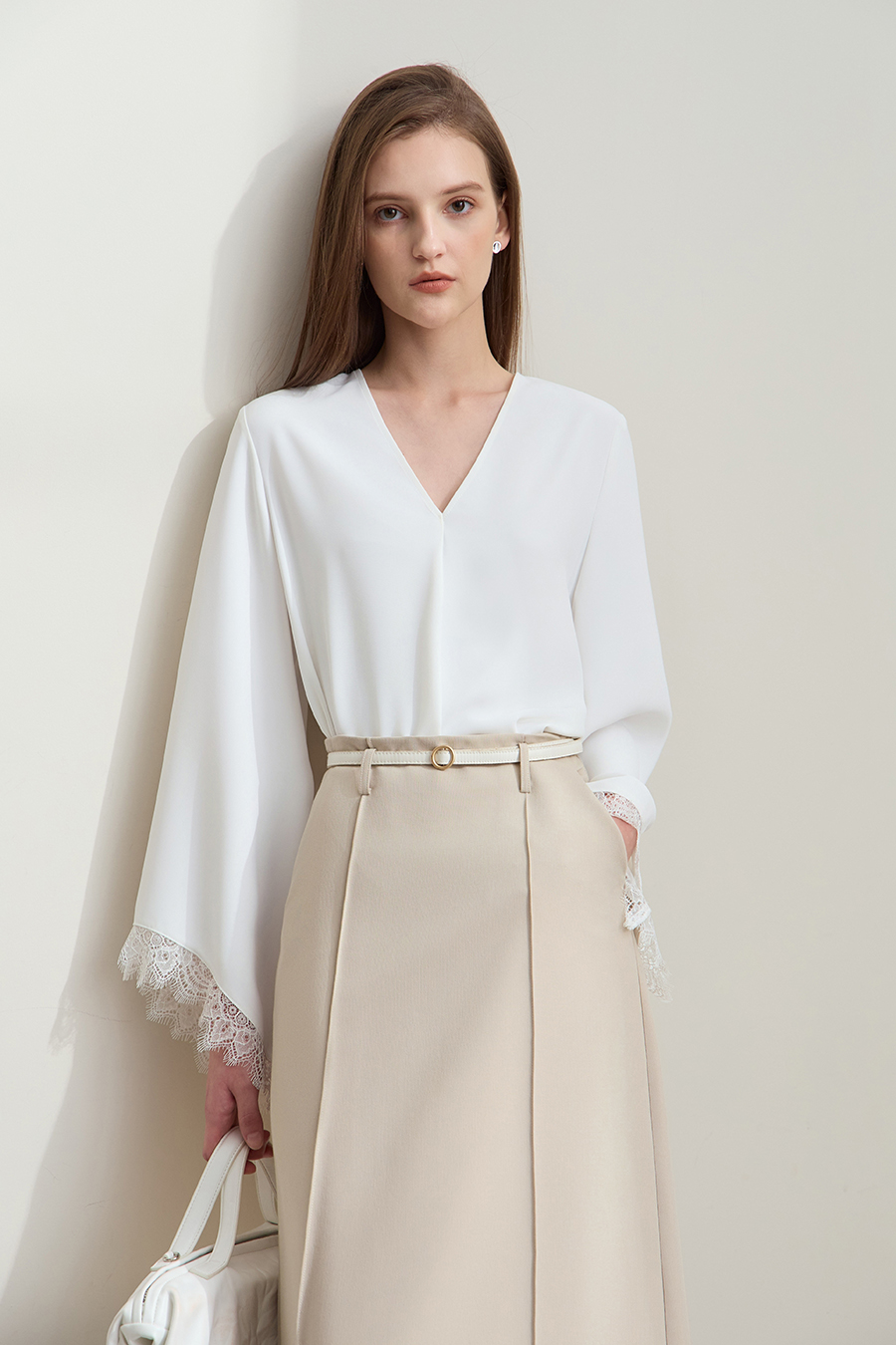 Solid V-neck Chiffon Blouse