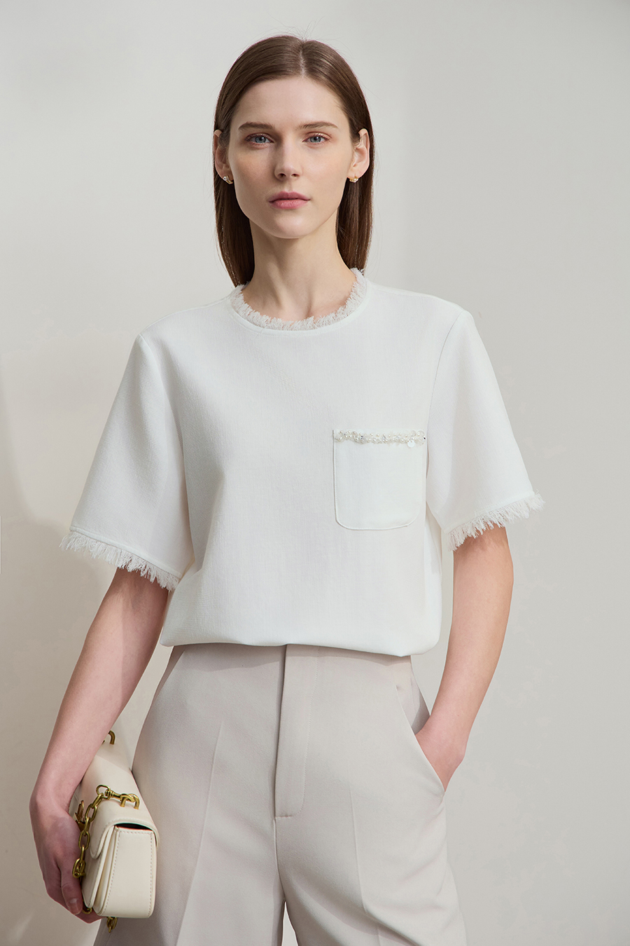 Crew Neck Tweed Chiffon Shirt|AMII-AMII.com