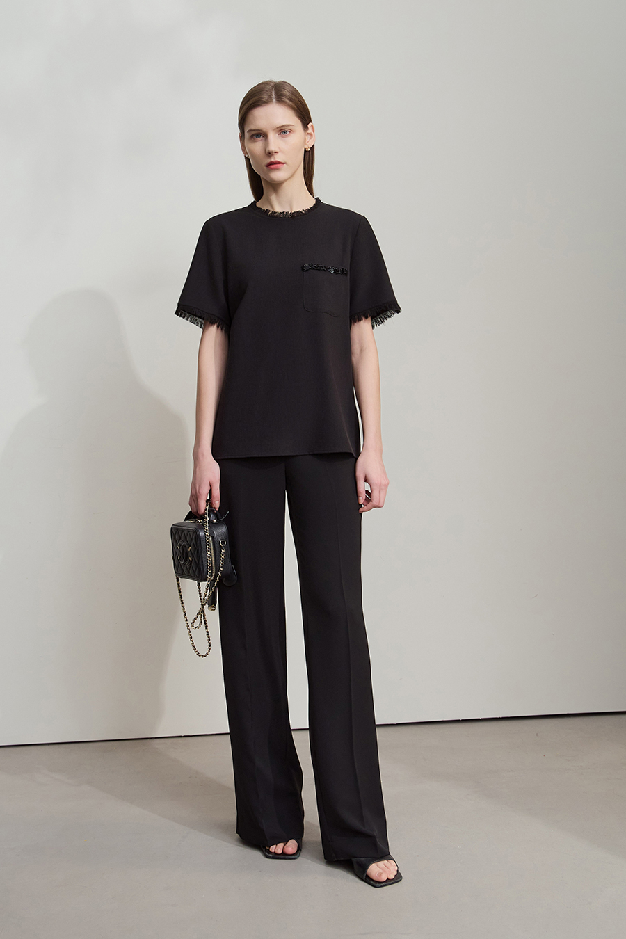 Crew Neck Tweed Chiffon Shirt|AMII-AMII.com