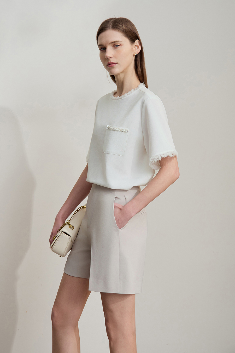 Crew Neck Tweed Chiffon Shirt|AMII-AMII.com