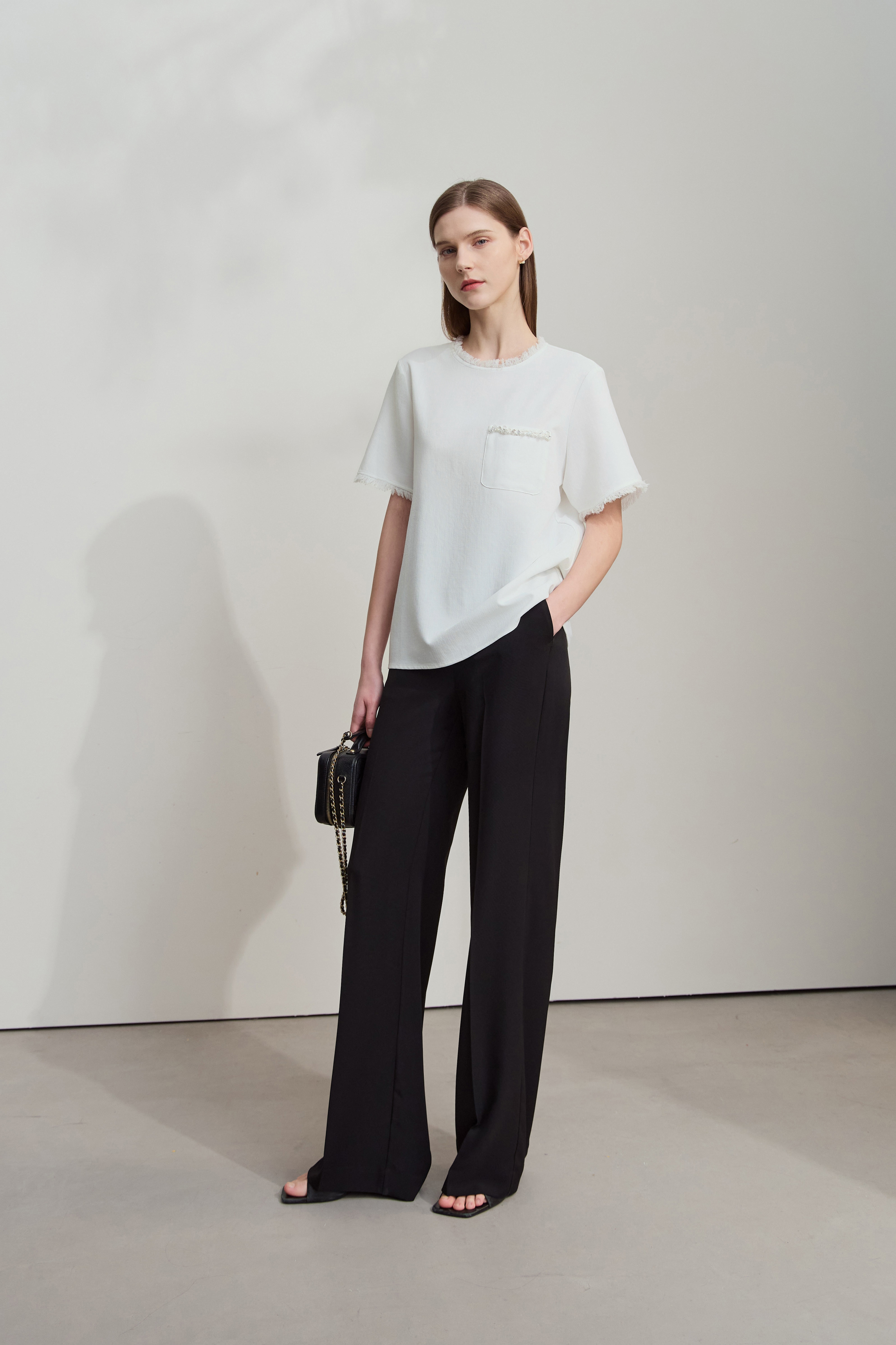 Crew Neck Tweed Chiffon Shirt|AMII-AMII.com