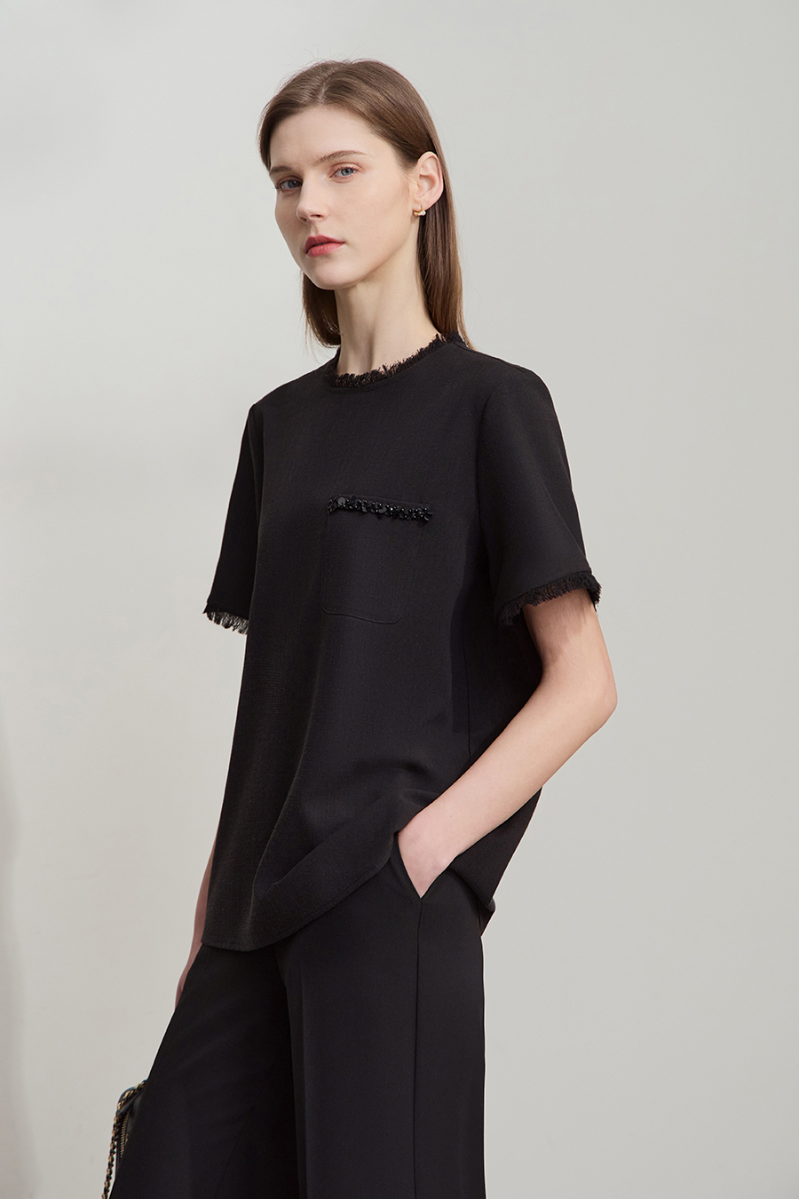 Crew Neck Tweed Chiffon Shirt|AMII-AMII.com