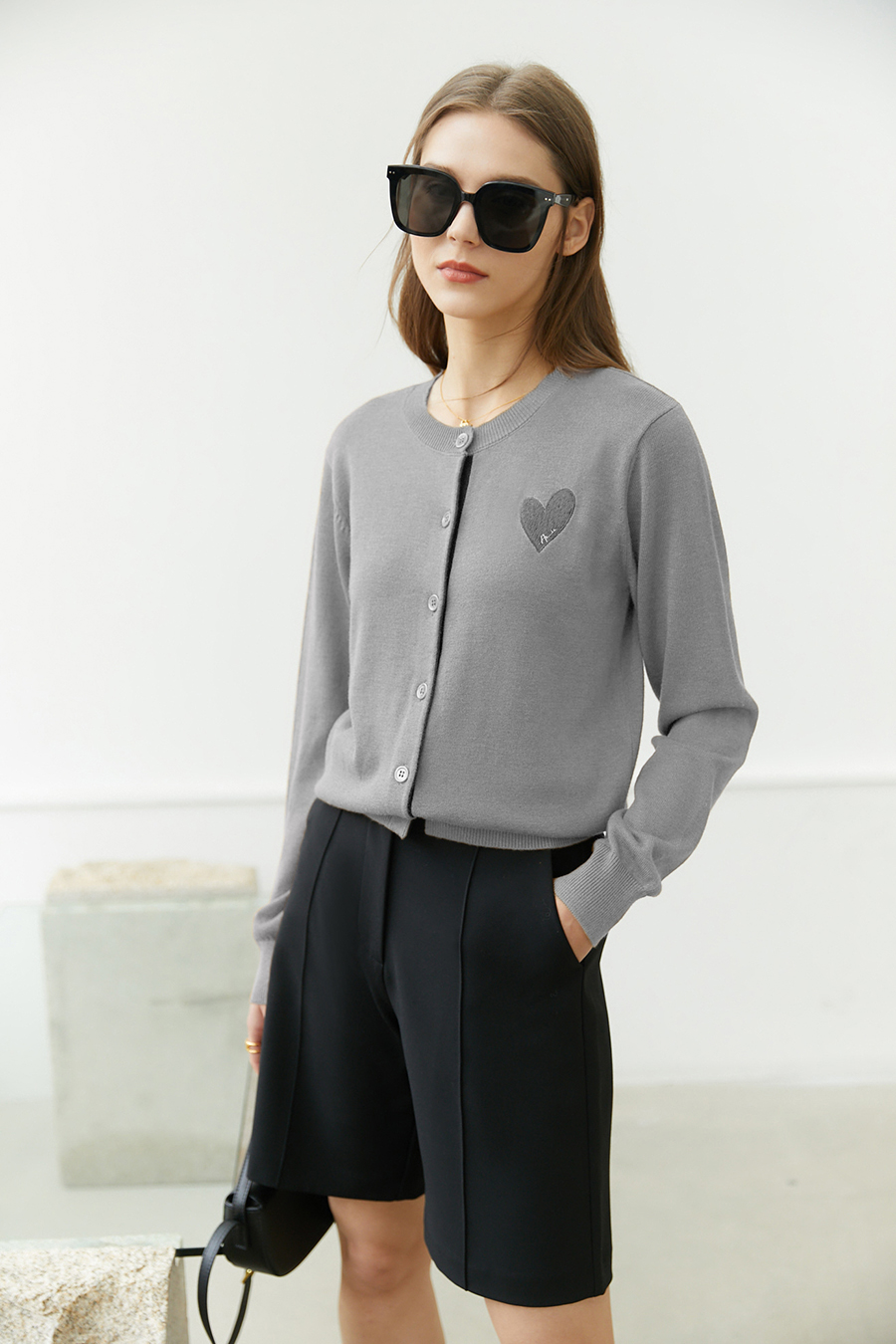 Color-block Heart Pattern Knit Cardigan