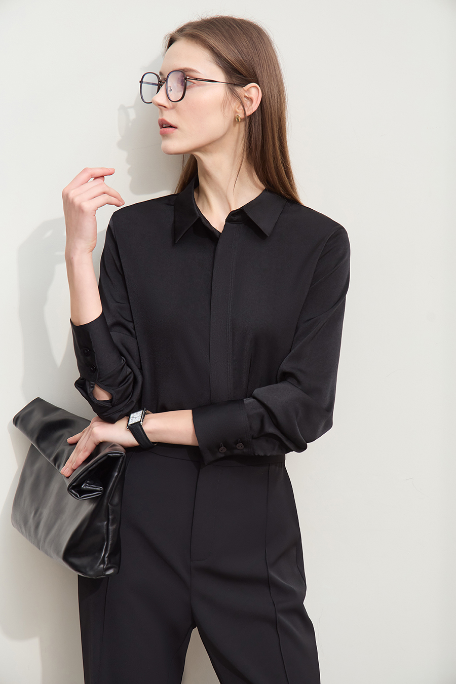 Satin Straight Leg Long Sleeve Shirt|AMII-AMII.com