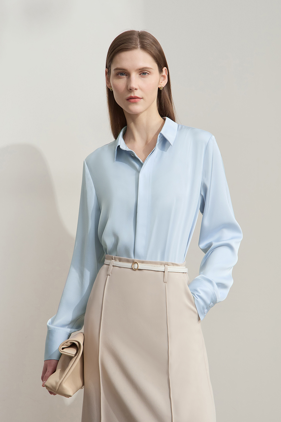 Satin Straight Leg Long Sleeve Shirt|AMII-AMII.com