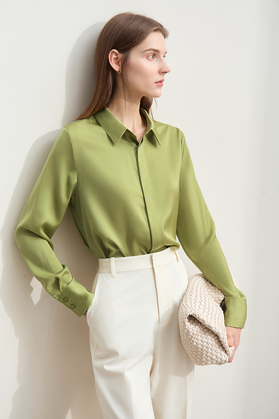 Satin Straight Leg Long Sleeve Shirt|AMII-AMII.com