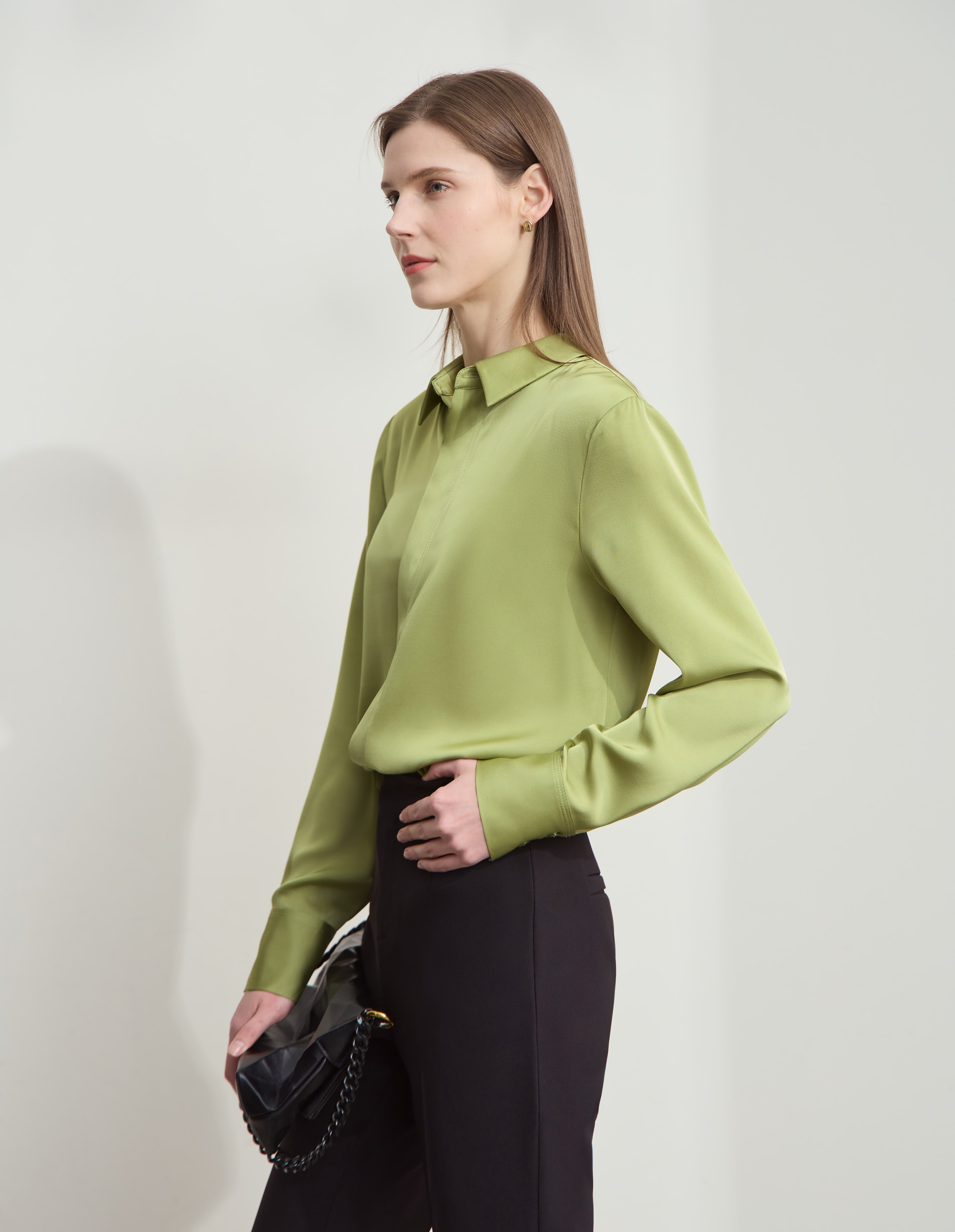 Satin Straight Leg Long Sleeve Shirt|AMII-AMII.com