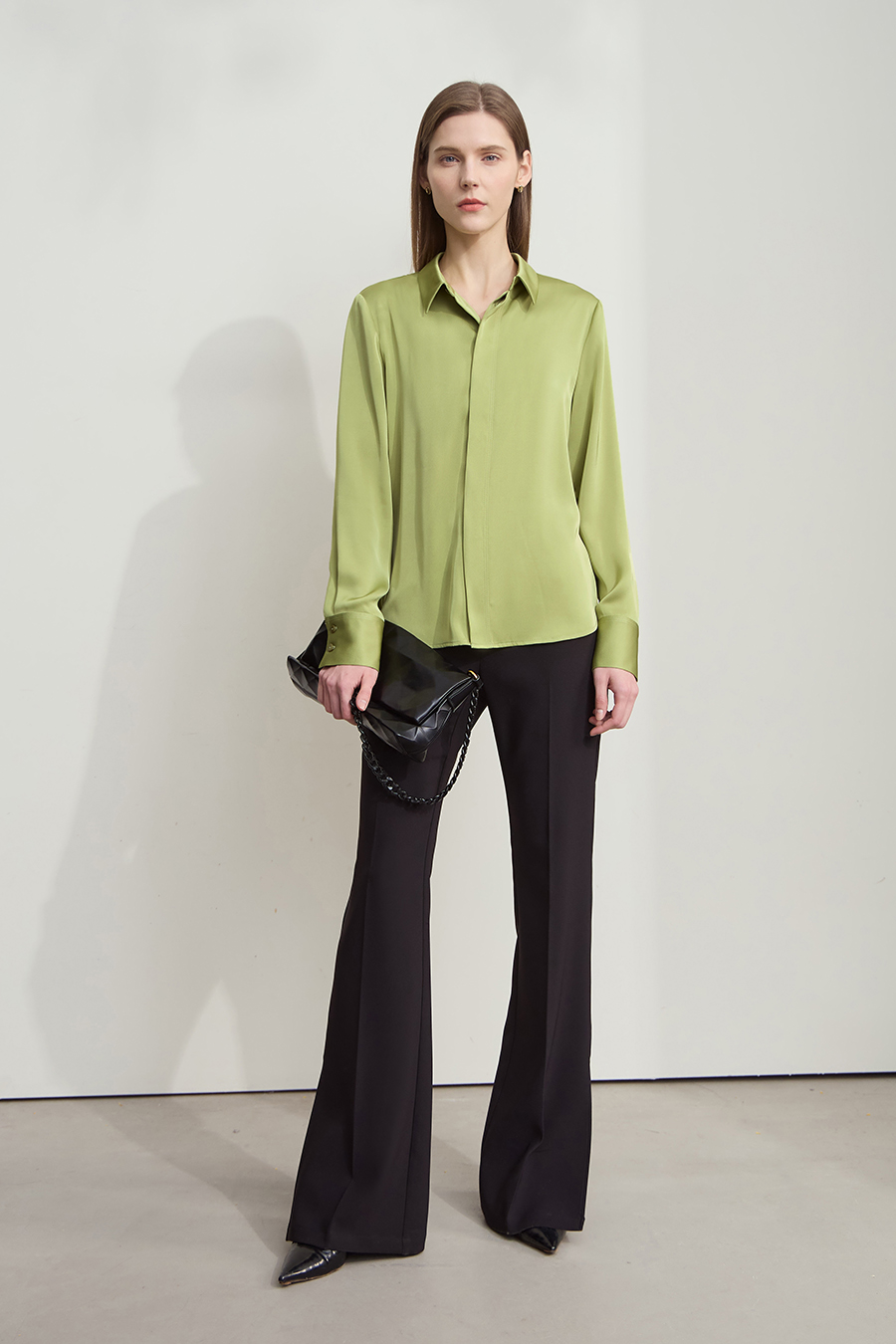 Satin Straight Leg Long Sleeve Shirt|AMII-AMII.com