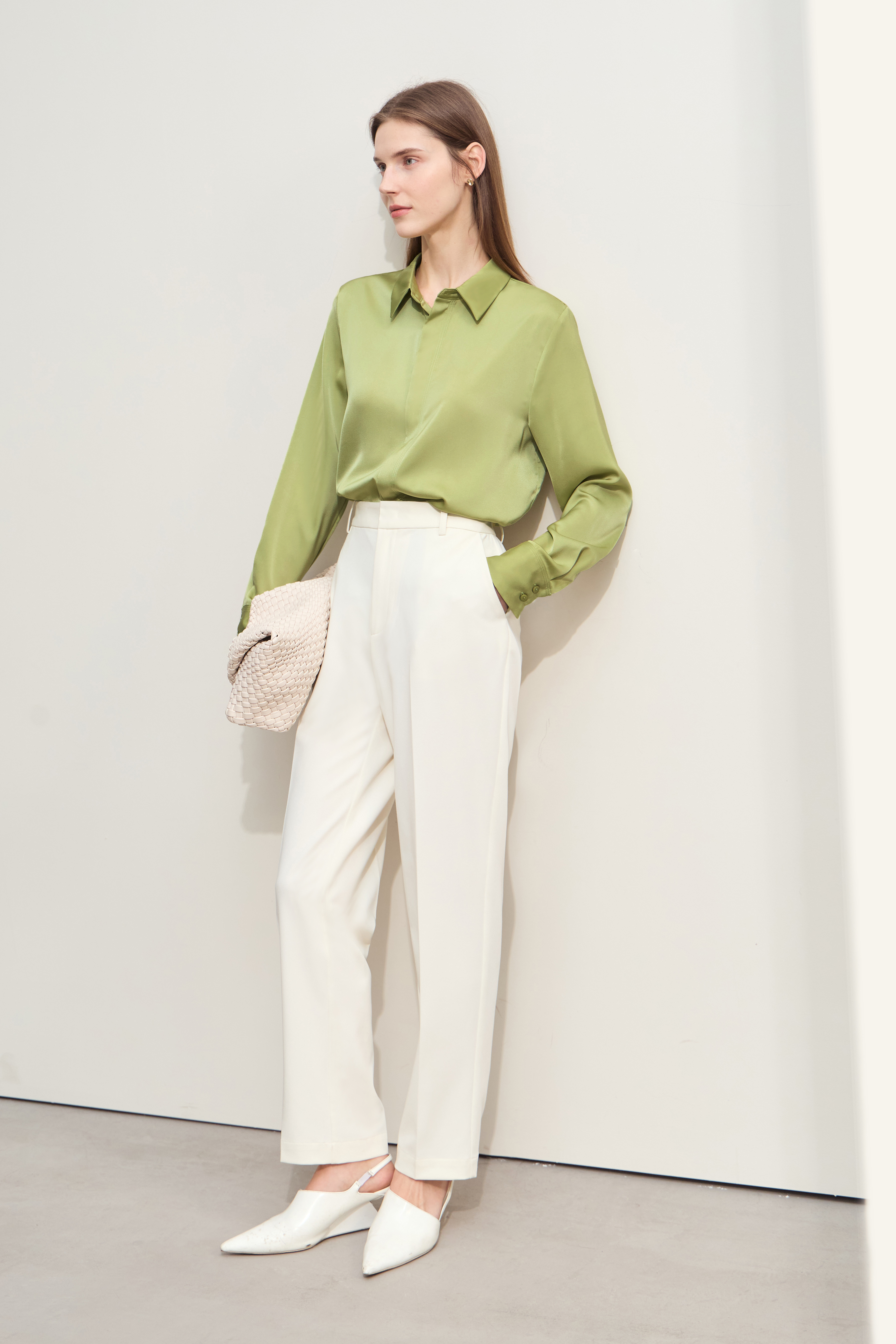 Satin Straight Leg Long Sleeve Shirt|AMII-AMII.com