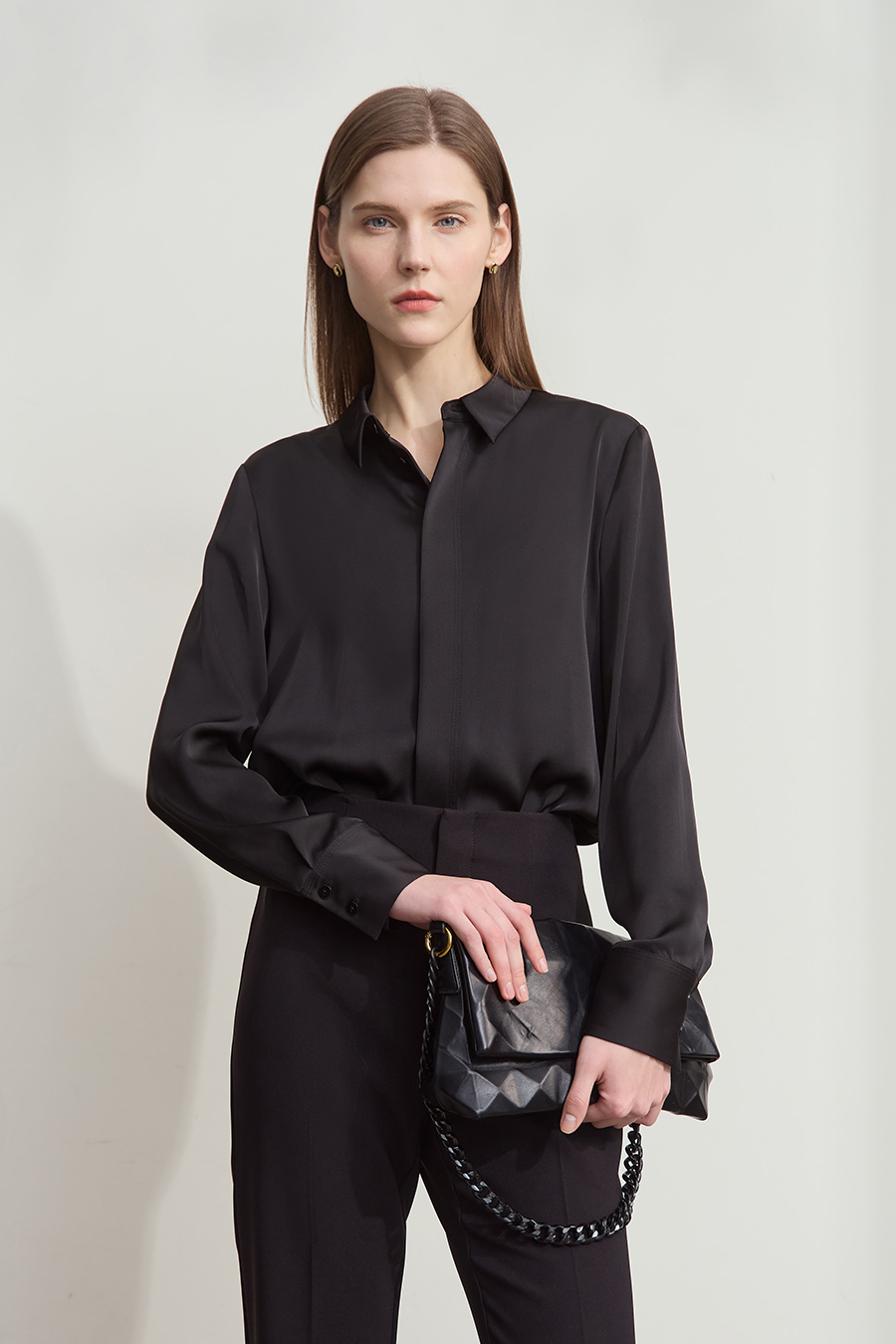 Satin Straight Leg Long Sleeve Shirt|AMII-AMII.com