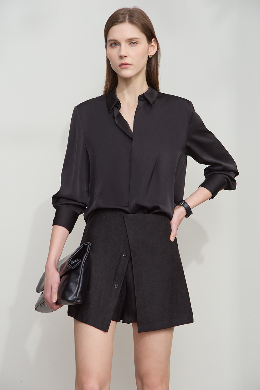 Satin Straight Leg Long Sleeve Shirt|AMII-AMII.com