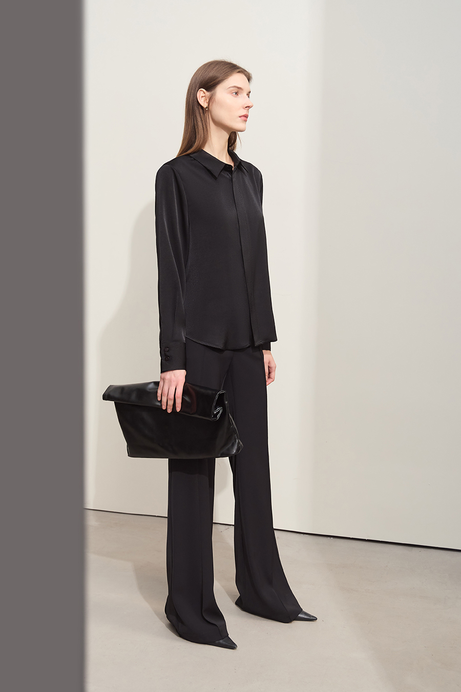 Satin Straight Leg Long Sleeve Shirt|AMII-AMII.com