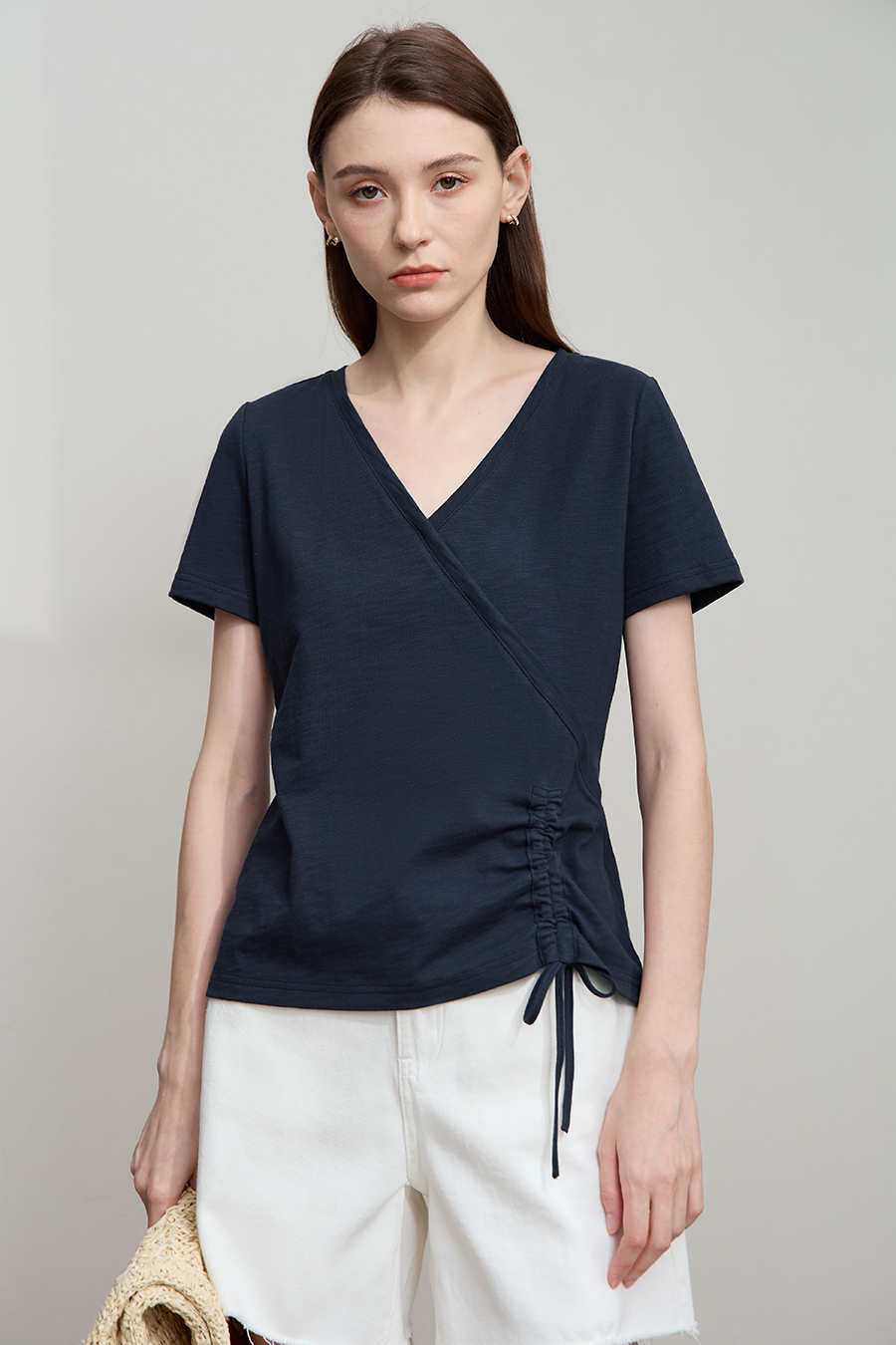 V-neck Ruched Cotton T-shirt