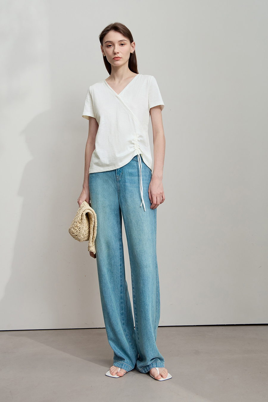 V-neck Ruched Cotton T-shirt