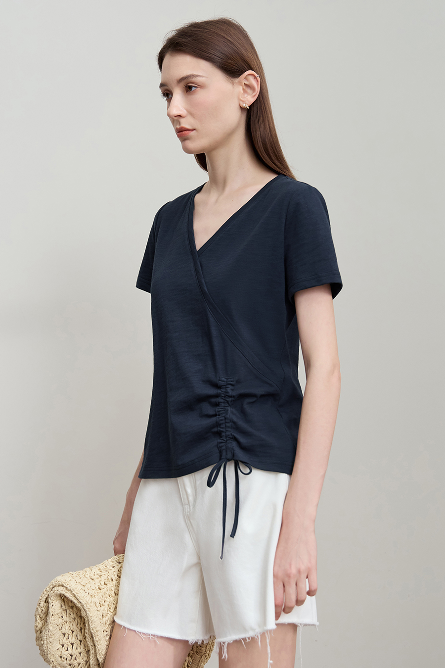 V-neck Ruched Cotton T-shirt