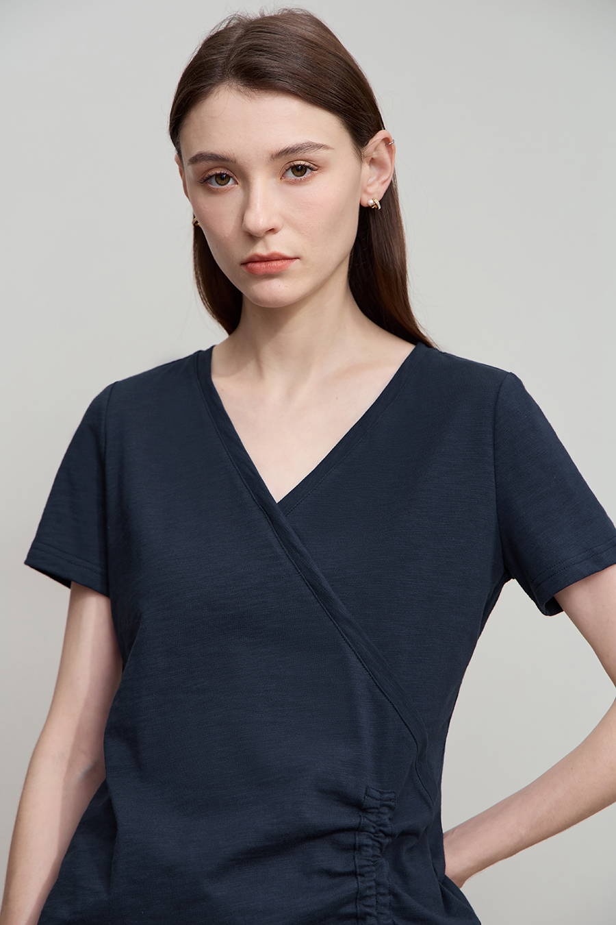 V-neck Ruched Cotton T-shirt