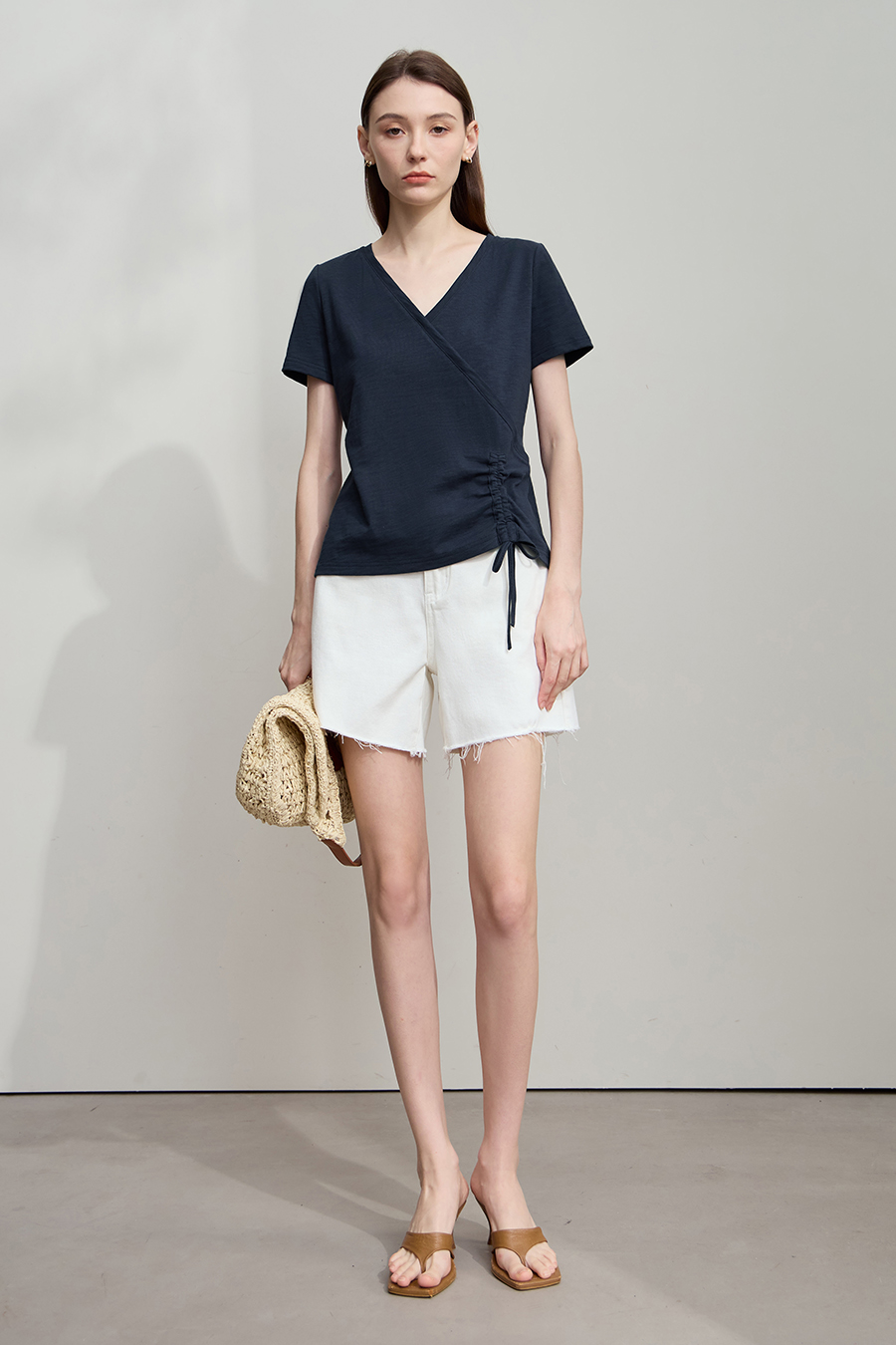 V-neck Ruched Cotton T-shirt