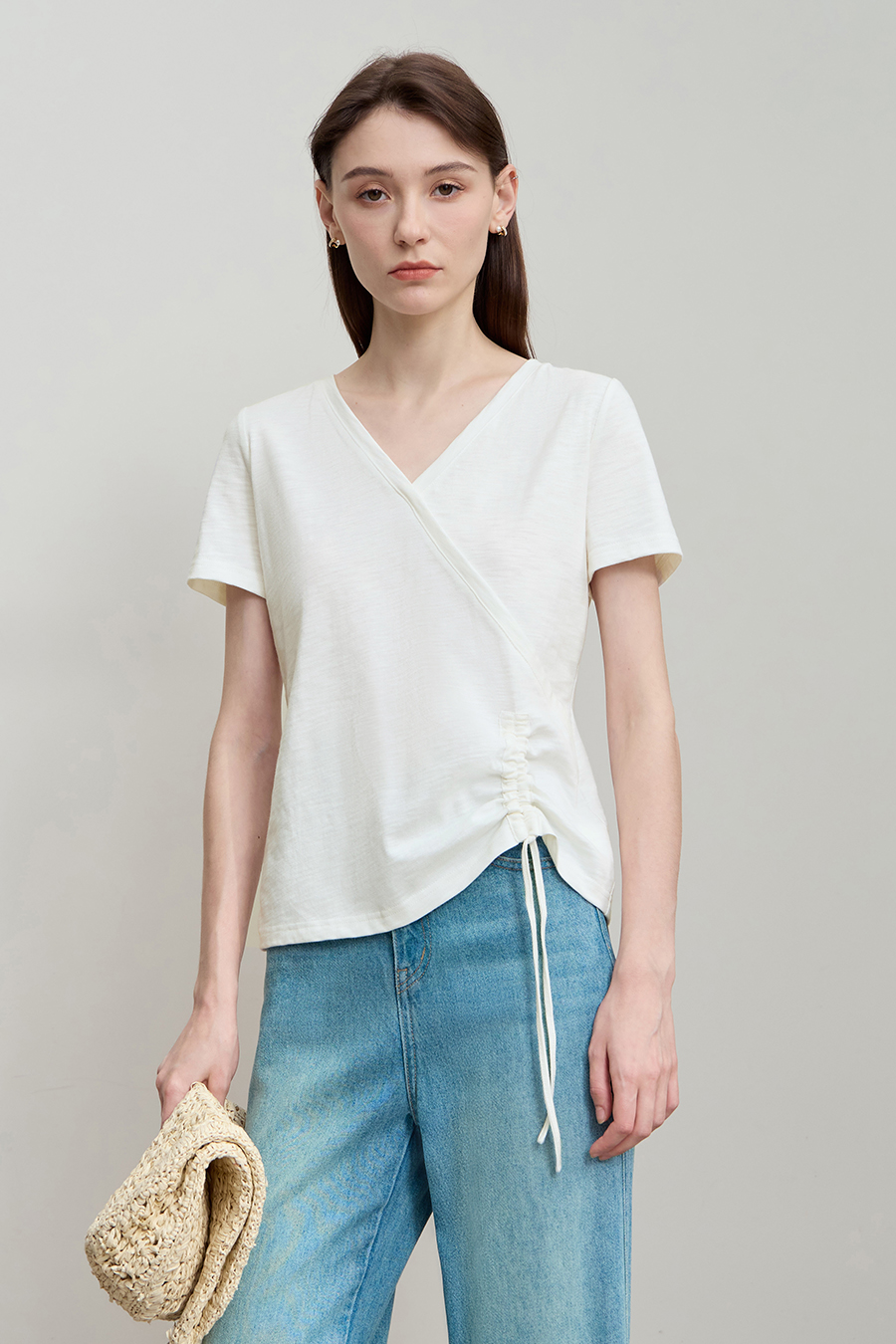 V-neck Ruched Cotton T-shirt