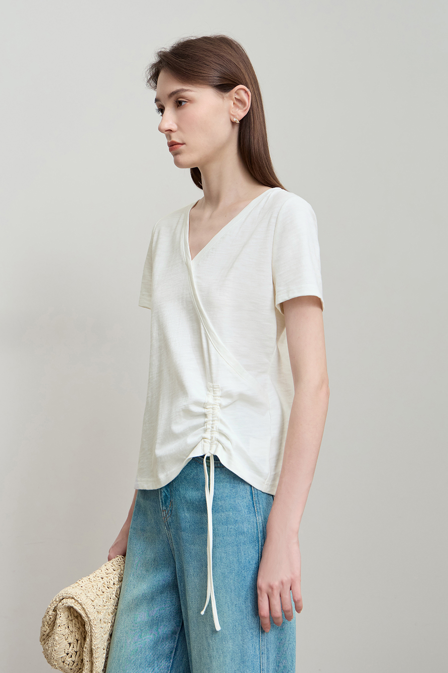 V-neck Ruched Cotton T-shirt