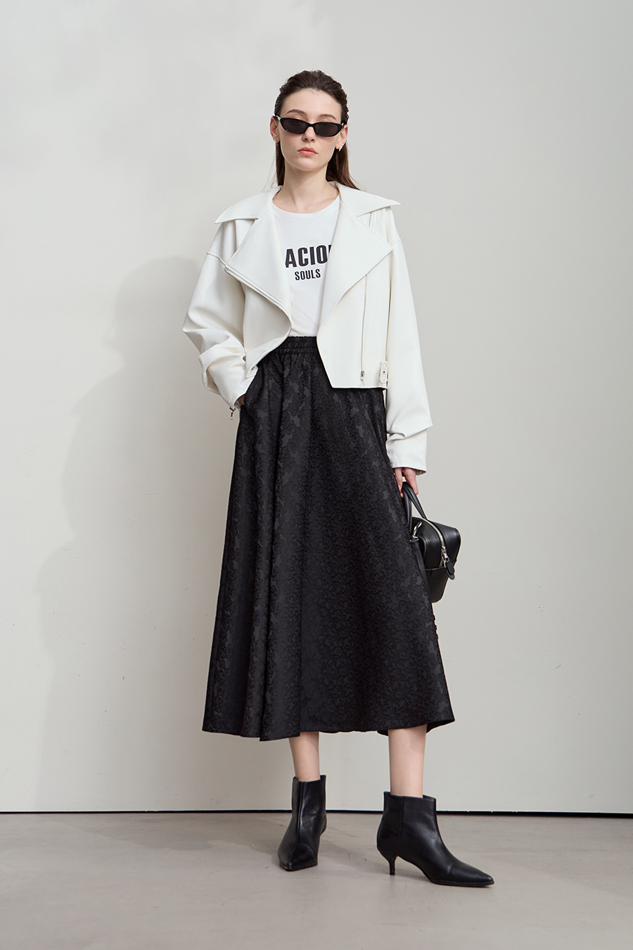 Black heavy-duty jacquard midi skirt|AMII-AMII.com