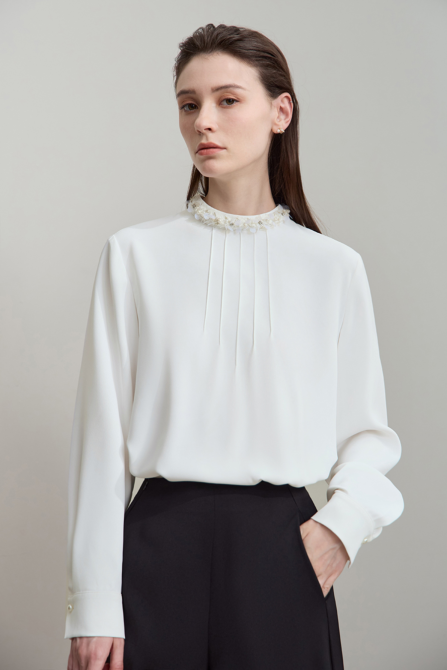 Stand Collar Long Sleeve Chiffon Blouse