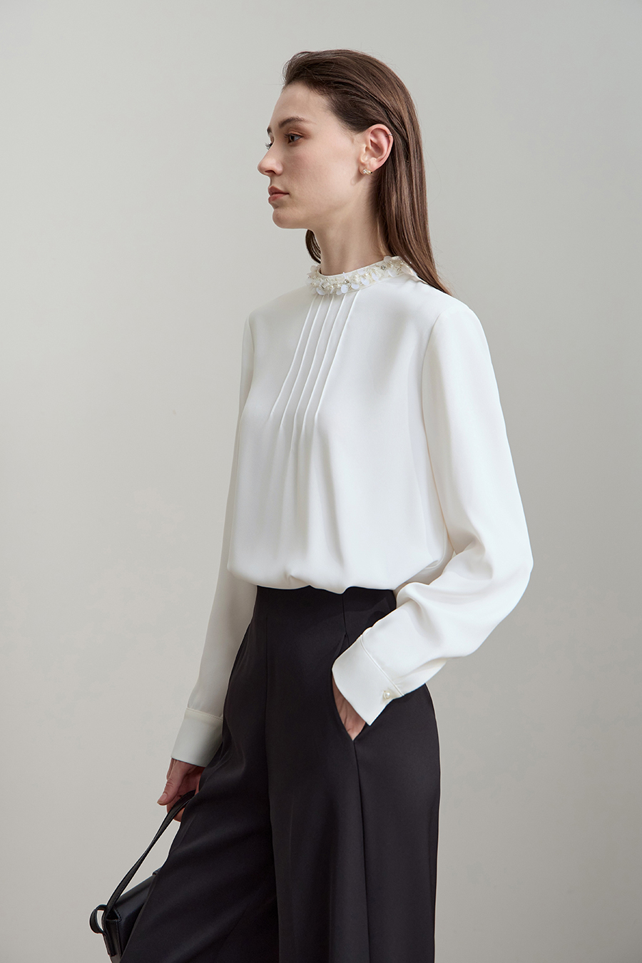 Stand Collar Long Sleeve Chiffon Blouse