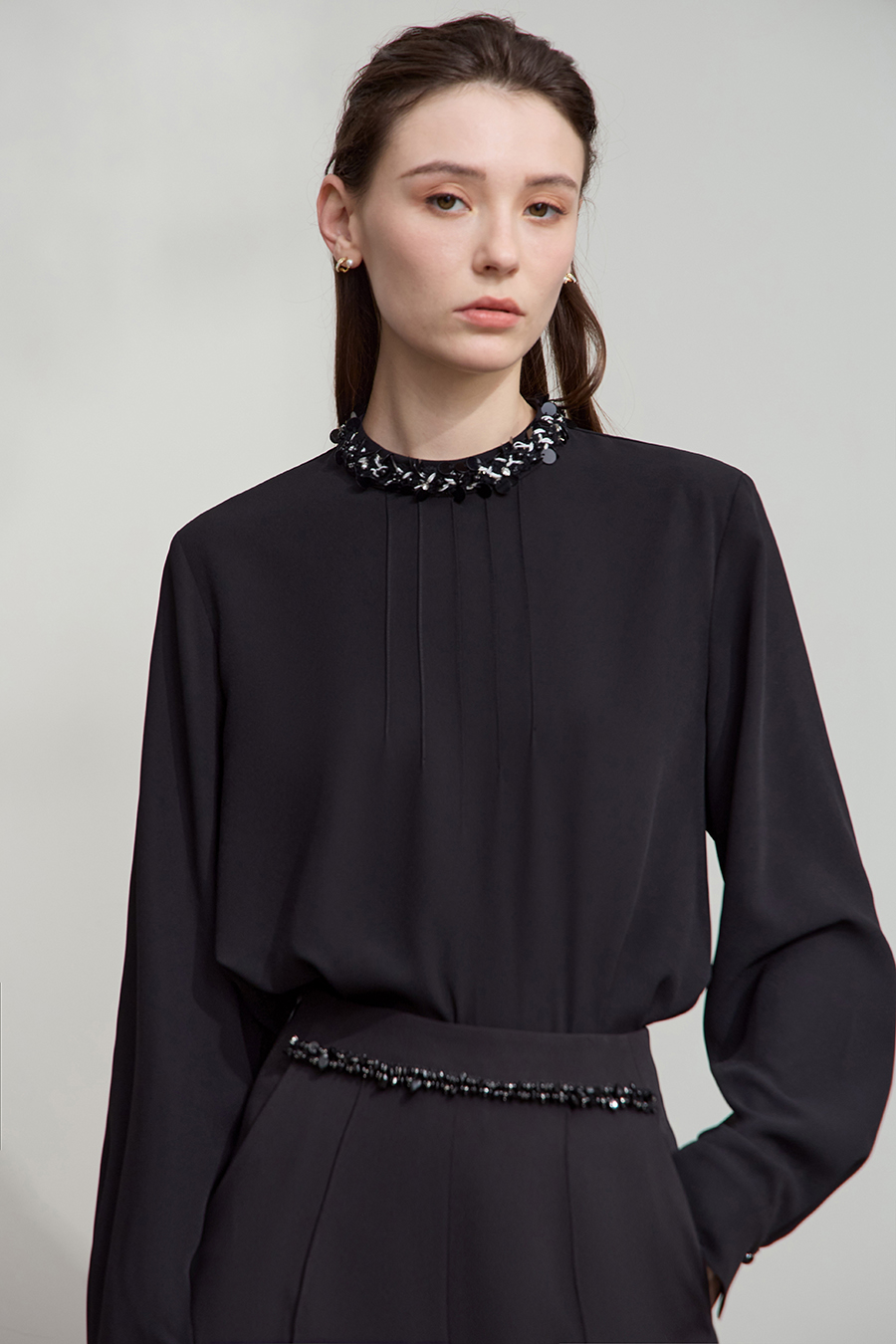 Stand Collar Long Sleeve Chiffon Blouse