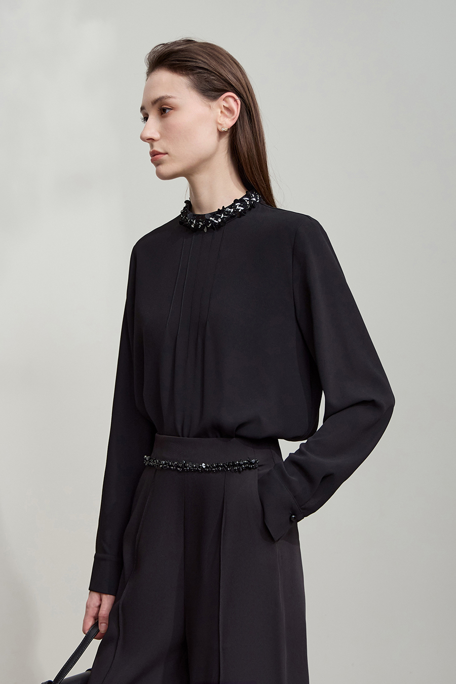 Stand Collar Long Sleeve Chiffon Blouse