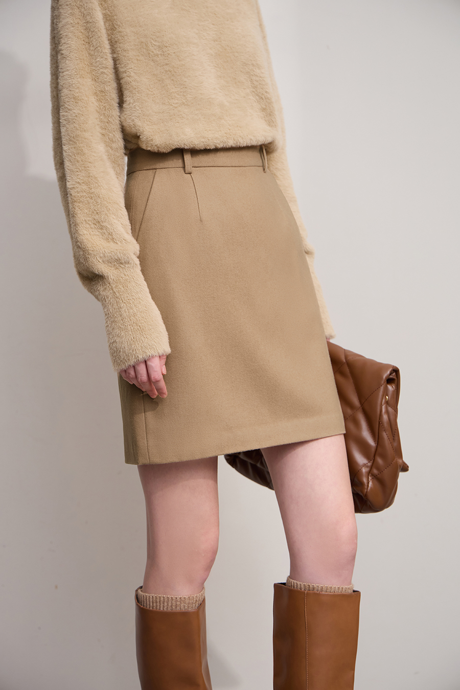 Short Wool Blend Midi Skirt|AMII-AMII.com