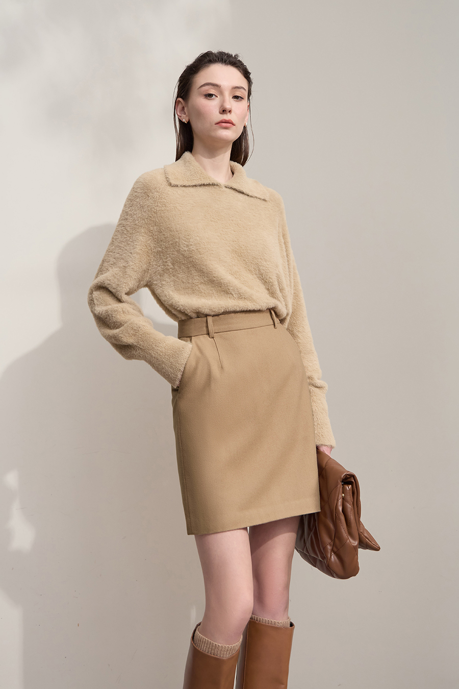 Short Wool Blend Midi Skirt|AMII-AMII.com