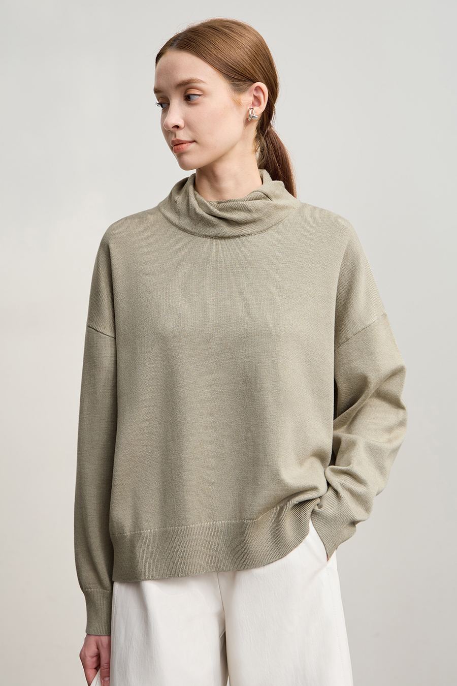 High Neck Drop Shoulder Loose Sweater|AMII-AMII.com