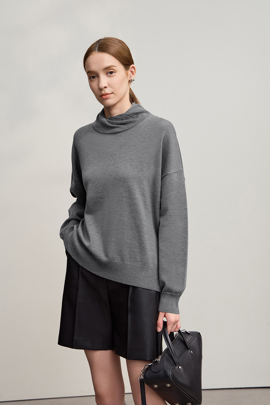 High Neck Drop Shoulder Loose Sweater|AMII-AMII.com
