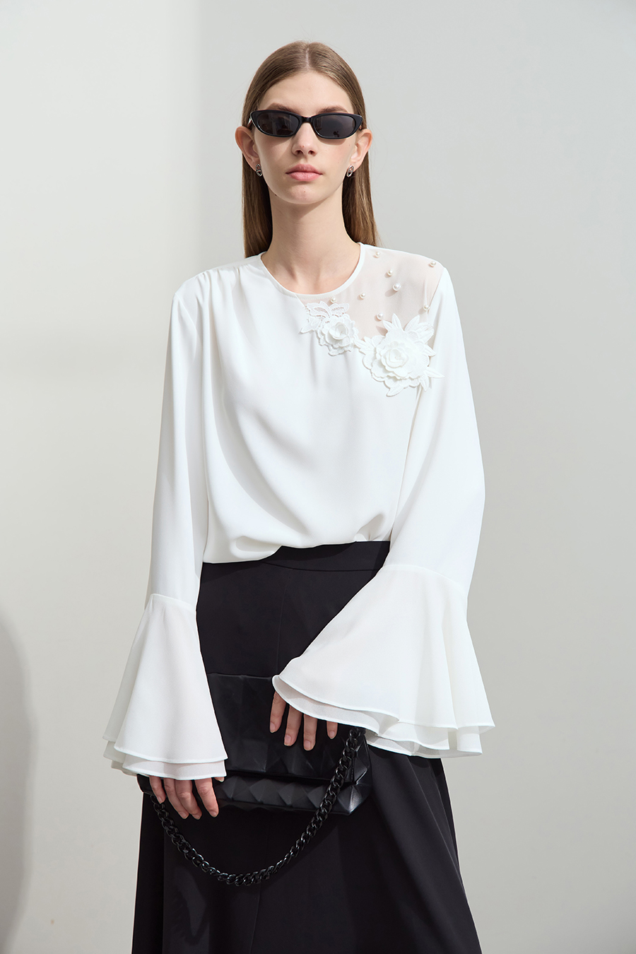 3D Floral Beaded Chiffon Blouse