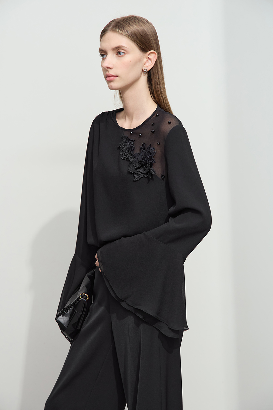 3D Floral Beaded Chiffon Blouse