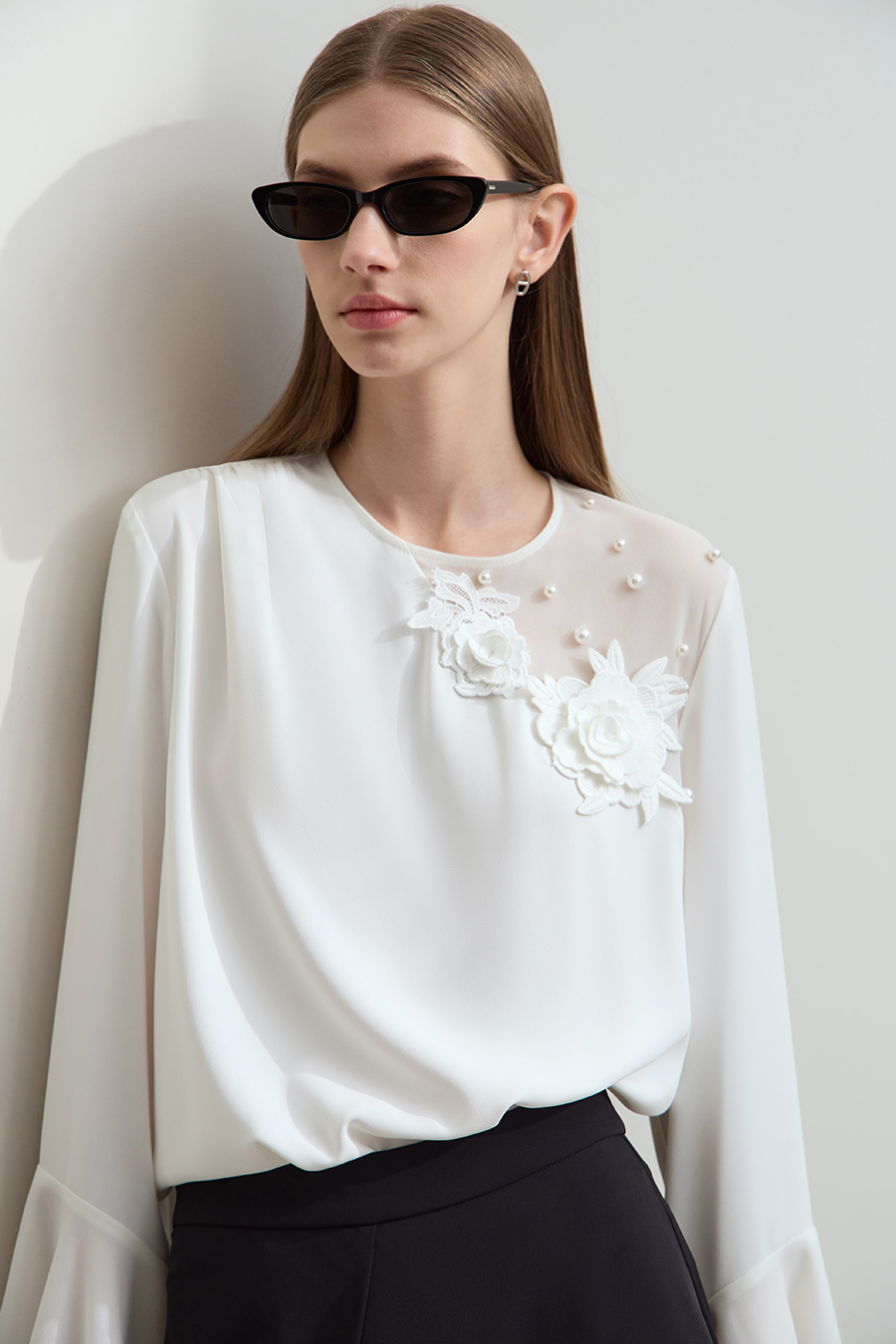 3D Floral Beaded Chiffon Blouse