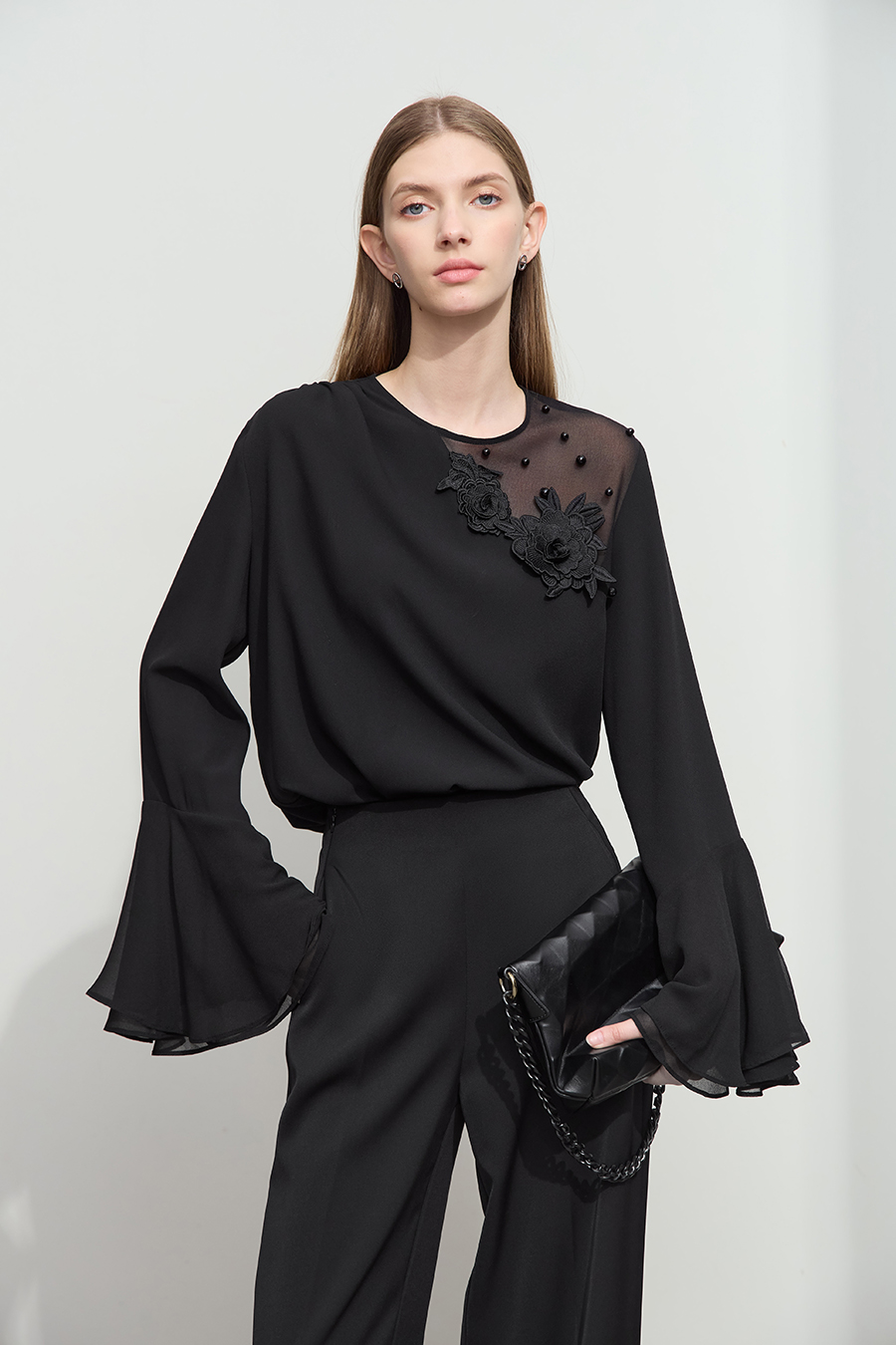 3D Floral Beaded Chiffon Blouse