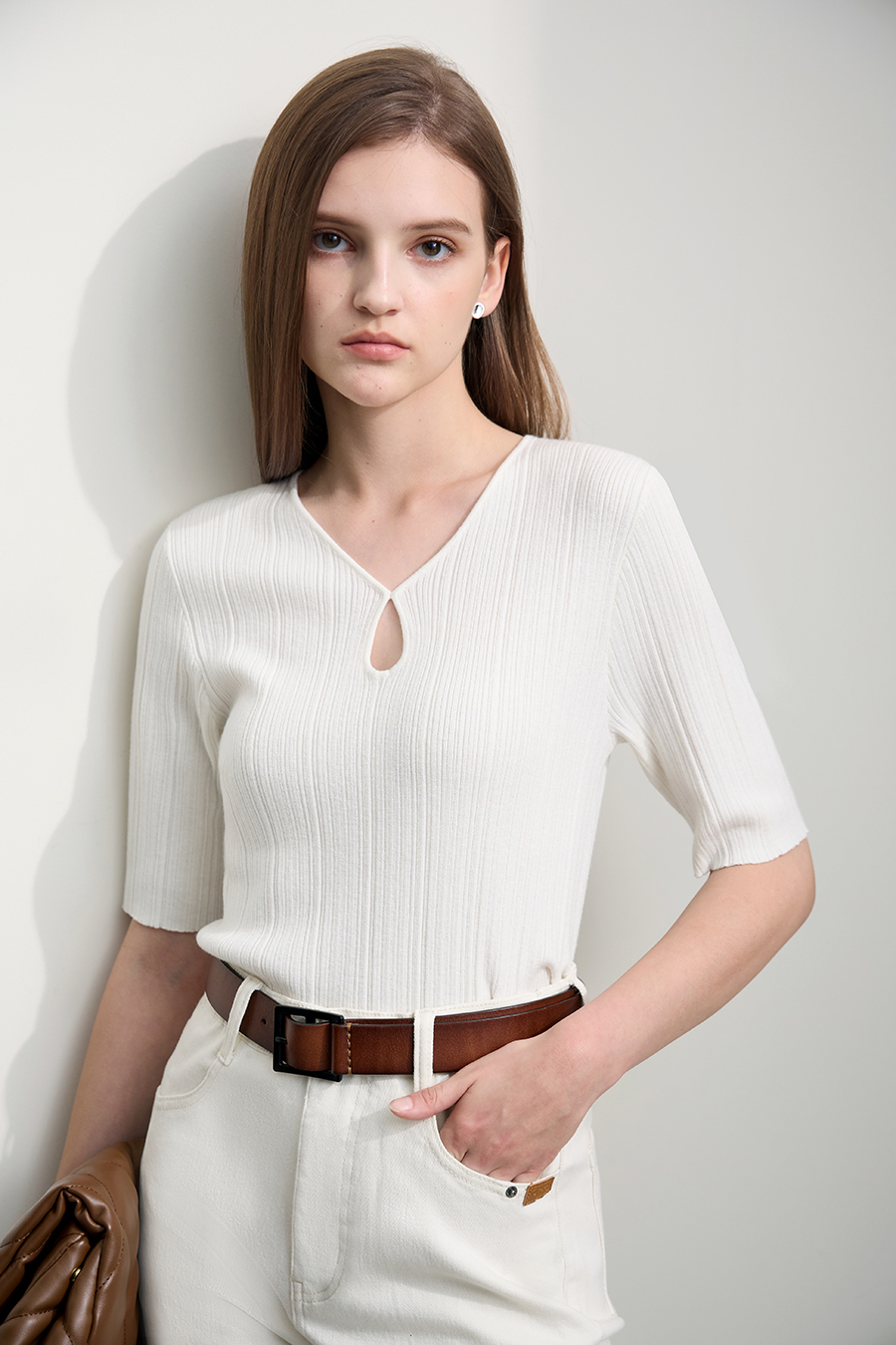 Droplet Neck Mid-sleeve Knit Top