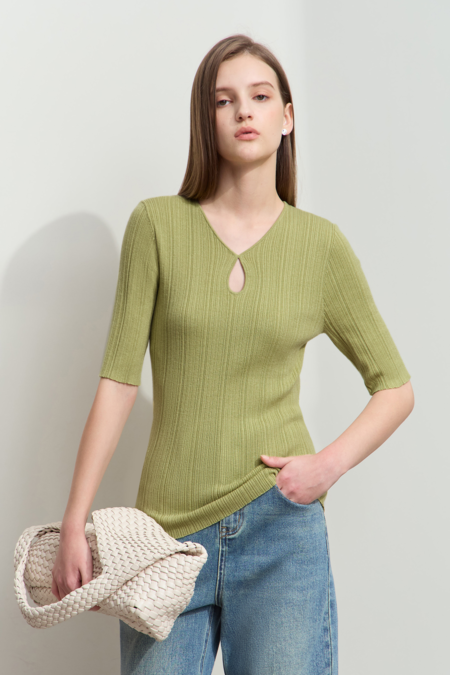 Droplet Neck Mid-sleeve Knit Top