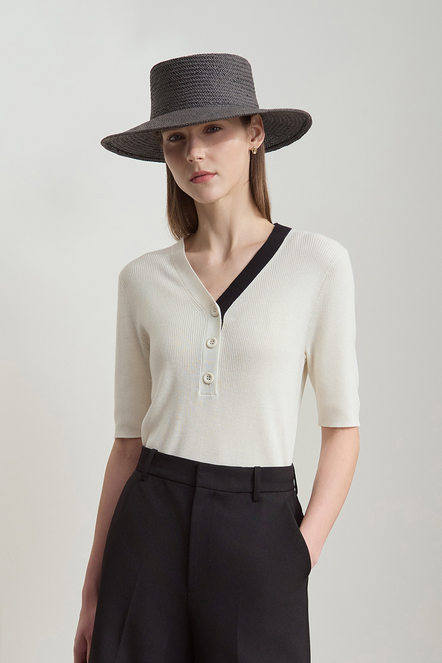 V-neck Color-block Knit Sweater